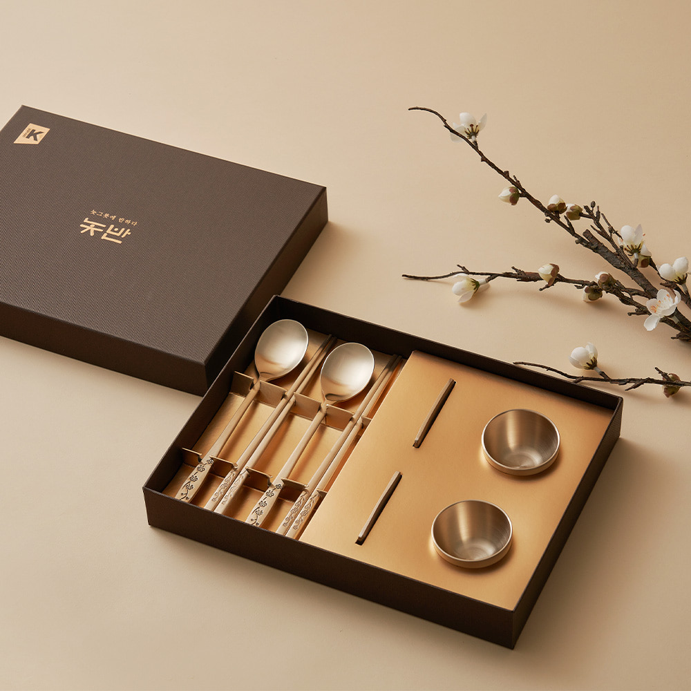 놋반 안성맞춤 방짜유기 2인 수저 술잔 프리미엄 선물세트 매화